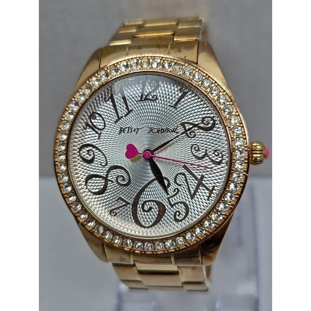 Womens Betsey Johnson 40mm Rose Gold Crystal Bezel Watch New Battery Dress Heart